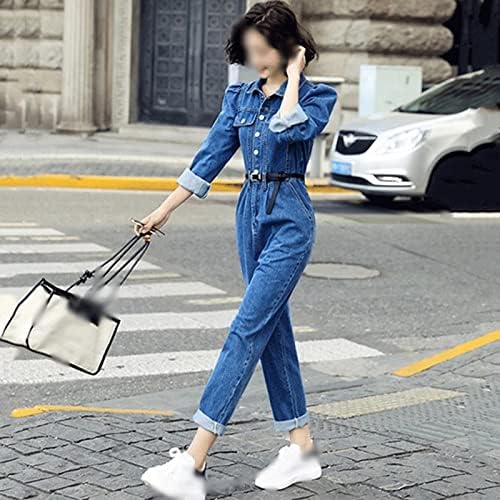 ネットワーク全体の最低価格に挑戦 N A 女性のソリッドデニムジャンプスーツロングパフスリーブターンダウンカラーデニム貨物カジュアルウエストストレートルースロンパー Color Blue Size Small Code Www Rubberdev Gov Lk