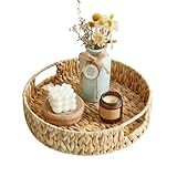 JS Home 13 inch Round Wicker Tray, Hand-Woven Rattan Serving Trays with Handles for Snack Drinks Coffee Table Tray, Water Hyacinth 1Pack