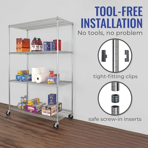 SafeRacks - NSF Certified Storage Shelves, Zinc, Heavy Duty Steel Wire Unit with Wheels and Adjustable Feet, Garage or Bakers Rack, Kitchen, Pantry Shelf - (24"x48"x72" 4-Tier) (Silver) - Thumbnail 4