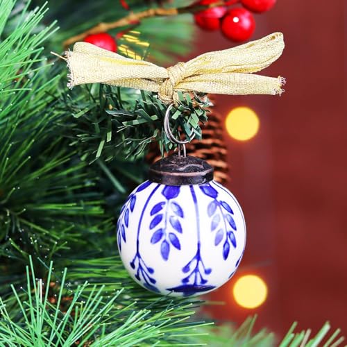 Image of IndianShelf 24 Large Blue and White Ceramic Christmas Ornaments Handpainted Vintage Unique Tree Balls for Christmas Tree Decoration with Ribbon