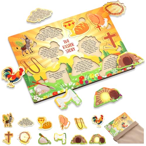 Leitee Easter Story Game with Wooden Board Jesus Resurrection Scene Storytelling Puzzle with Storage Bag Religious Brain Teaser Puzzle Gift for Easter Basket Stuffer Christian Sunday School Church