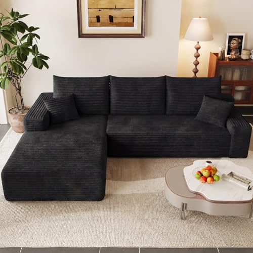 Image of 95 inch Modular Sectional Couch, Boneless L Shaped Cloud Sofa with Chaise Lounge, Corduroy Upholstered Couches Memory Foam Deep Seat, No Assembly Required, Ideal for Living Room(Black, Left Facing)