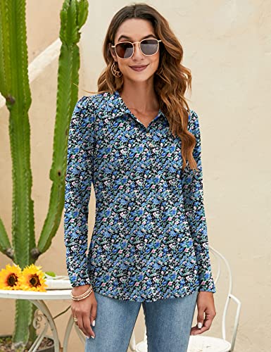 Lomon Women's Long Sleeve Polo Shirt V Neck Collared Shirts Casual Work Tops Blouses Black Floral M #TOP2