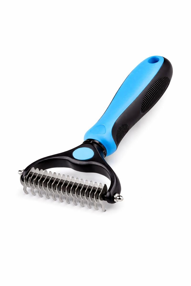 Dematting Comb for Dogs & Cats – Double-Sided Deshedding Tool (11+6 Blades) – Removes Knots, Tangles & Undercoat – Grooming Rake for Small & Medium Pets – Safe Rounded Teeth – Blue,Pink (Blue)