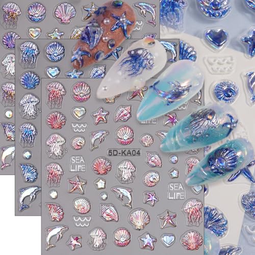3Pcs Summer Nail Art Stickers 5D Embossed Luxury Summer Ocean Theme Nail Decals Shiny Shell Conch Dolphin Jellyfish Designs Self-Adhesive Nail Stickers Beach Nails Art Supply for Women Manicure Tips
