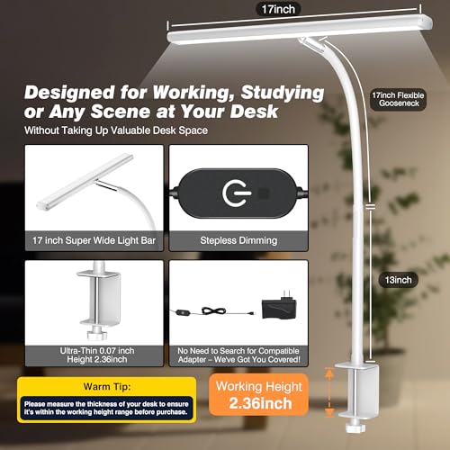 Image of Airlonv LED Desk Lamp for Office Home, Eye-Caring Desk Light with Stepless Dimming Adjustable Flexible Gooseneck, 10W USB Adapter Desk Lamp with Clamp for Reading, Study, Workbench