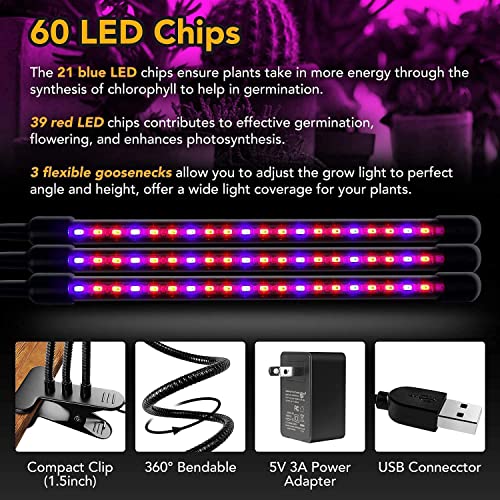 Ipower 15W Triple Head Led Grow Light With Auto On/Off 3 9 12H Timing Red Blue Spectrum Adjustable Gooseneck Lamp 11 Dimmable Levels For Indoor Plant, Black #TOP3