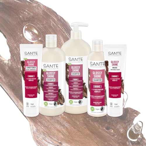 SANTE Naturkosmetik Glossy Shine Shampoo Bio-Birkenblattextrakt + 3-Fach Protein Komplex, vegane und feuchtigkeitsspendende Haarpflege für mehr Glanz und Geschmeidigkeit, mit zartem Kokosduft, 250ml