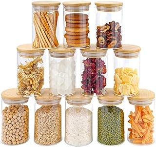 Ftkletp,Glass Jars Set 250ml, 12 Set Spice Jars with Bamboo Lids Airtight and Labels, Small Food Cereal Storage Canister for Home Kitchen Tea Herbs Coffee Flour Herbs Grains