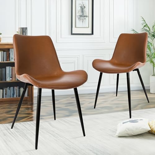 CangLong Brown Dining Chairs Set of 2 with Faux Leather Cushion Seat, Upholstered Armless Accent Chairs with Comfy Back and Sturdy Black Metal Legs for Living, Restaurant & Meeting Room, Brown by CangLong - Used condition - US$99.98