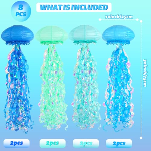 Image of 8 Pack Jellyfish Paper Lanterns, Blue Teal Mermaid Under the Sea Decor Kit | Ruffled edges and iridescent streamers for hanging jellyfish decorations birthday under sea baby shower ocean decor