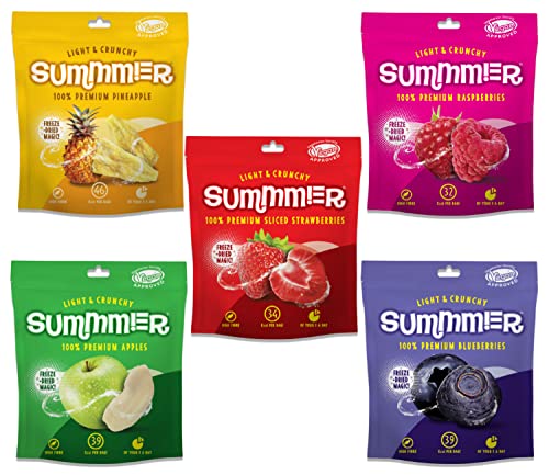 Summmer Freeze Dried Fruit Mix - 5 Pack - Strawberries Raspberries Pineapples Blueberries & Apples - No Added Sugar 100% Natural Snack For Kids & Adults (57g.)