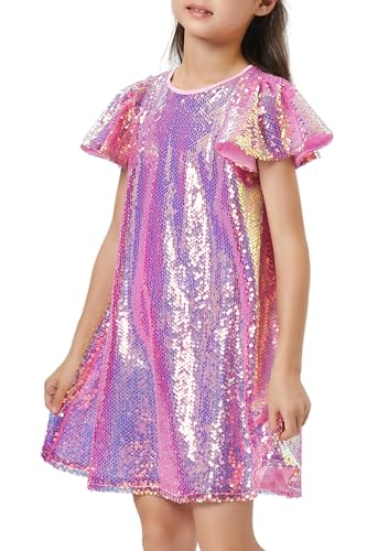 Vestido de lentejuelas brillante con manga corta con vuelo, vestido de fiesta con lazo para el pelo para niñas, Rosado, M