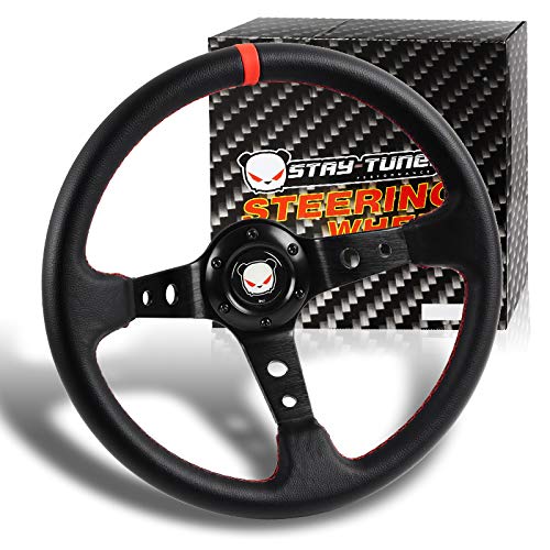 Q1-TECH, Steering Wheel - (Deep Dish) - 350mm (13.78 inches) - Black Leather with Black Spokes/Red Stripe, Drifting Deep Dish 350mm 6 Hole Sport Steering Wheel Racing Trim Universal