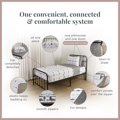 Image of Beddy's Gray & White Shark All-in-One Zipper Bedding Set for Kids - Twin | Smooth-Glide Zippers, Easy To Make & Wash, Soft Durable Fabric, Gray Stripe Interior, Includes Pillowcase & Sham