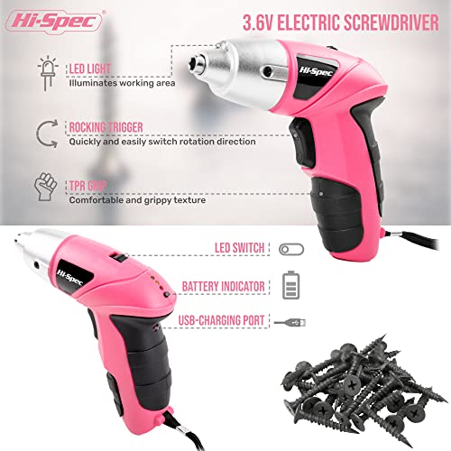 Hi-Spec 27Pc 3.6V Pink Usb Small Power Electric Screwdriver Set For Women. Cordless & Rechargeable With Driver Bit Set #TOP2