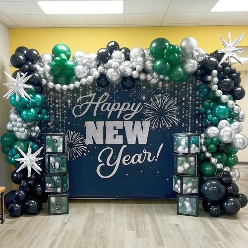 Image of Black and Green Silver Balloon Arch Kit with Explosion Star Balloons, 105pcs Emerald Forst Green and Chrome Metallic Silver Balloons Garland for Wedding Birthday Football Graduation Party Decorations
