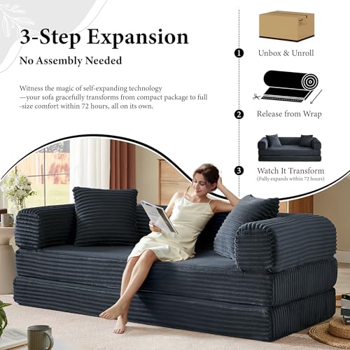 Image of Boneless Couch Futon Sofa Bed Sectional Couches for Living Room,Cloud Couch with Sleeper Sofa,Sofas for Living Room Oversized Corduroy Upholstered (Gray, 76 Inches (No Iron Frame))