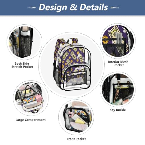 Jucciaco PVC Backpacks Dollar Bills Coins Girls Boys Large Clear Decor Transparent Backpack School See Through Bookbag Waterproof Fashion Activities Learning Work And Travel Bag - Image 5