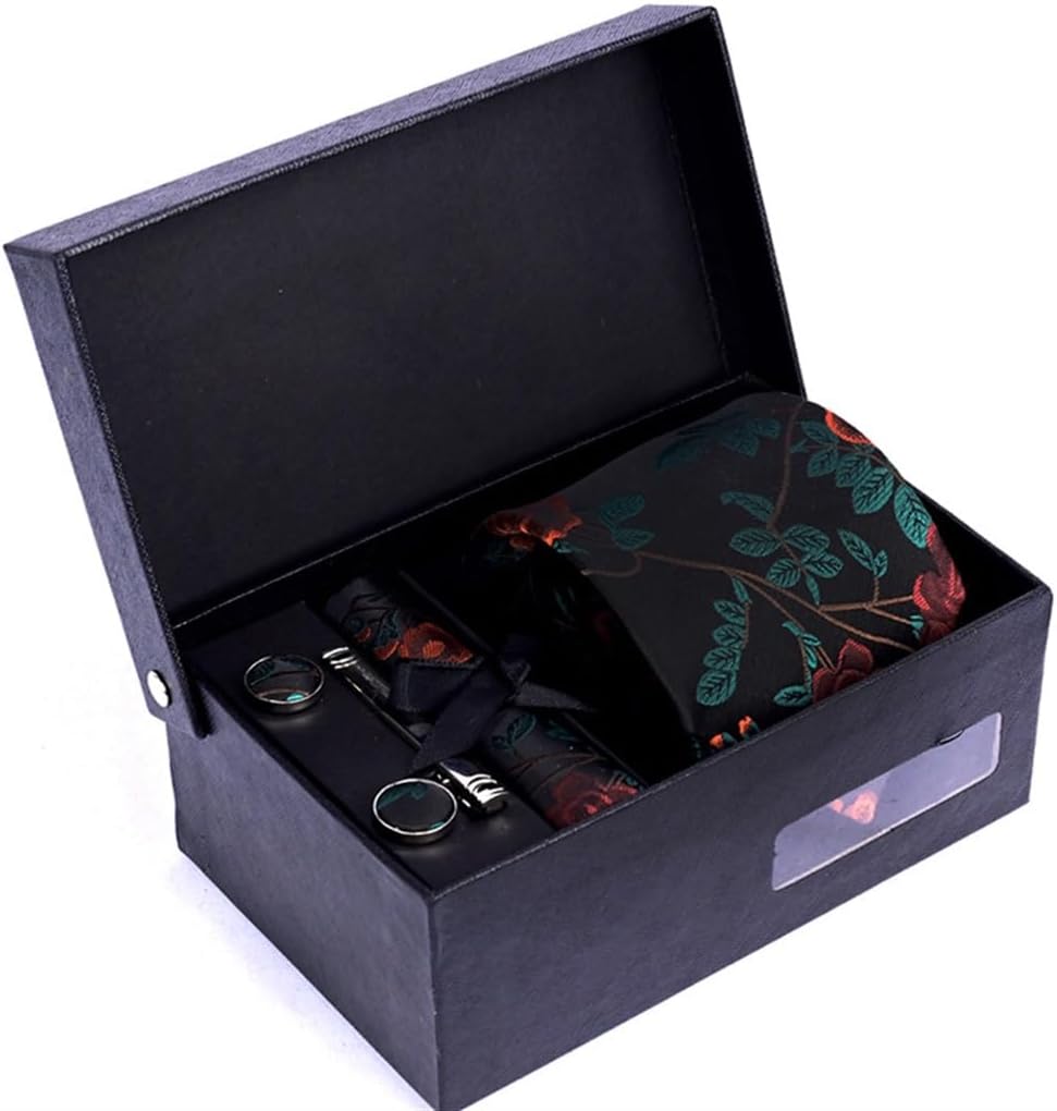 Tie Set, Men's Formal Wear, Business Men's Tie, Square Scarf, Cufflinks, Tie Clip, Gift Box(Black)
