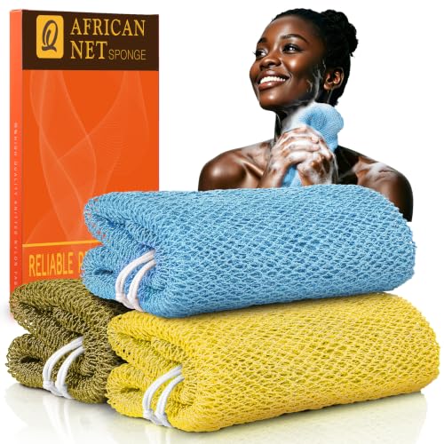 Image of UJFQBH African Net Sponge Authentic 3 Pack, the Gentle Exfoliating Body Scrubber that Unclogs Pores, Reaches Your Back, Dries Fast, and Leaves Skin Smooth Day After Day（Yellow, Army Green, Sky Blue）