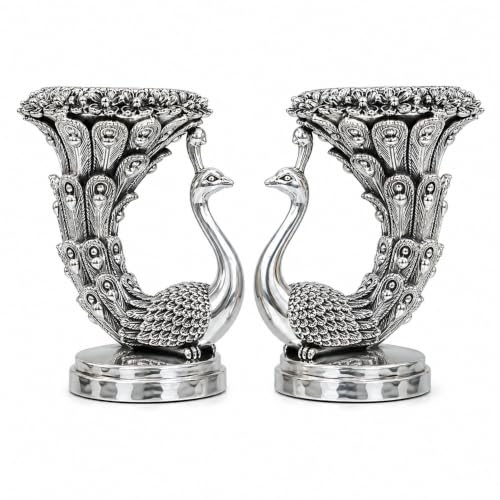 Image of Diviniti 999 Silver Plated Peacock Pair Tealight Holder|Antique Silver Finish|Premium Gift Box Included | Elegant Peacock Diya Stand|Luxury Home Decor Centerpiece|Housewarming, Festive Gift|9.5 x 8 cm