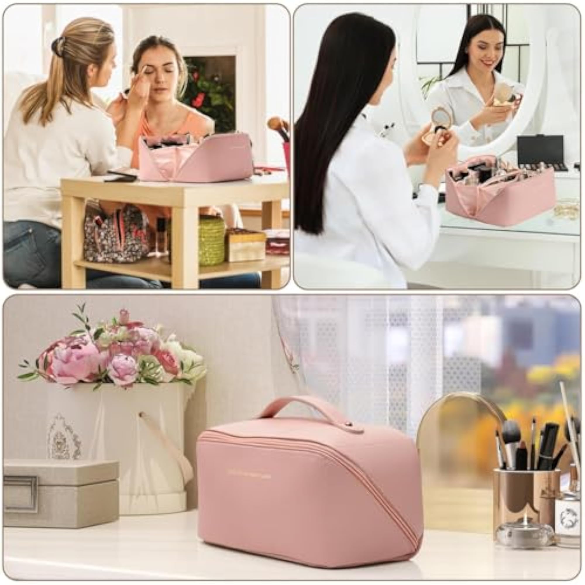 Waterproof Leather Makeup Bag with Handle, Travel Organizer