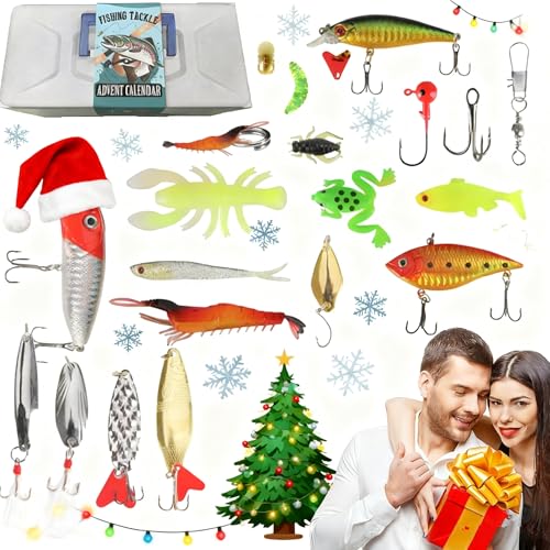 Umikk Adventskalender rovfisk 2025 med gummibete samt matchande krokar, fiskedrag set adventskalender 2025 fisketillbehör, 24 dagars nedräkningskalender, 2025 julöverraskningspresent