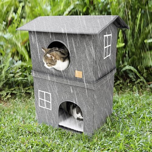 2- lagiges Katzenhaus, Quick Assembly Cat House, Doppel- Katzenhaus, zusammenklappbares Katzenschlafhaus, kaltes Wetterschutzhaus mit Tür, tragbares kaltes Wetterhaus für Katzen-3