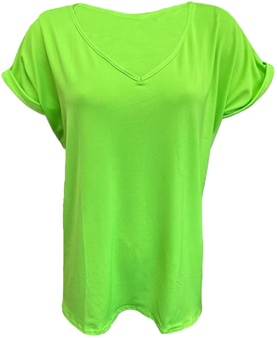 Fairy Boutique Women's Neon Green Turn Up Sleeve V Neck T Shirt Oversized Baggy Batwing Top Plus Size T Shirt