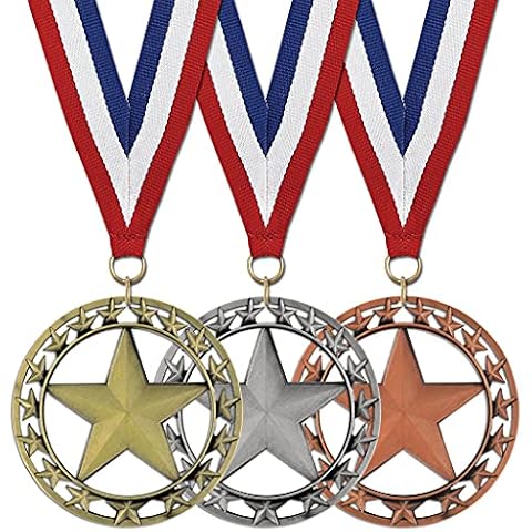 Hodges Award Medals - Gold, Silver and Bronze Star Medals with Neck Ribbons - Made of Metal- Set of 3 Cover