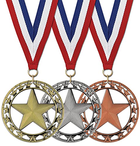 Hodges Award Medals - Gold, Silver and Bronze Star Medals with Neck Ribbons - Made of Metal- Set of 3 - Thumbnail 2