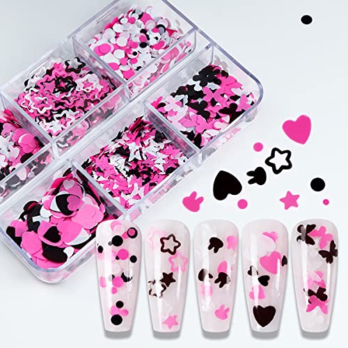 6 Grids 3D Heart Nail Glitter Sequins Valentines Day Nail Glitter Flakes Heart Nail Art Stickers Love Nail Decals Pink White Black Butterfly Rabbit Round Star Heart Glitter For Nail Art Decoration #TOP6