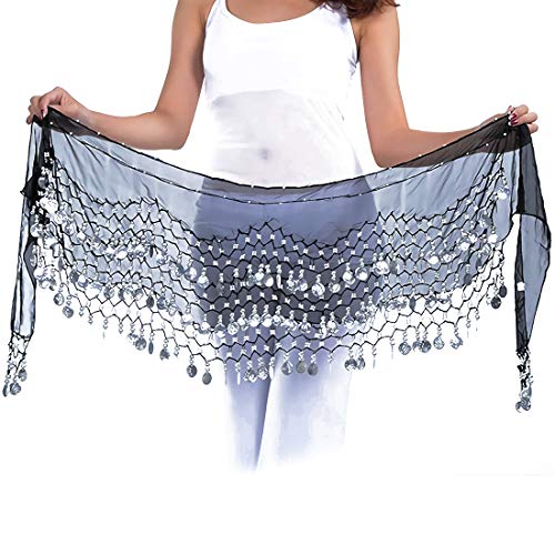 Belly Dancing Belt Waist Chain Dance Hip Scarf Waistband Wrap Skirt Chiffon Sequins Women (Black Silver)