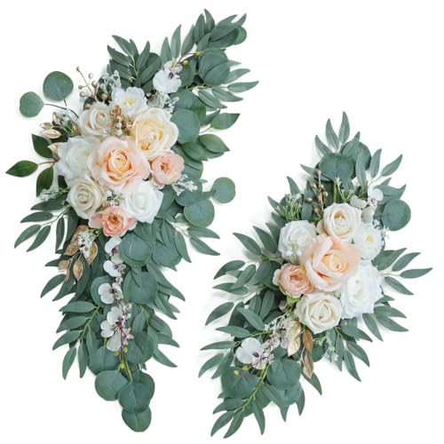 Udoula Artificial Blush Pink Wedding Arch Flower Swags Set of 2 for Welcome Signs and Ceremony Decorations, Champagne Gold Wedding Flowers
