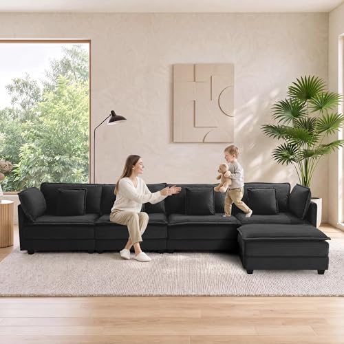 Image of Corduroy Sectional Couch, 4 Seater 149.2 inch L Shaped Cloud Couch with Ottoman, Modular Deep Seat Sofa with Pillows for Living Room, Apartment, Black