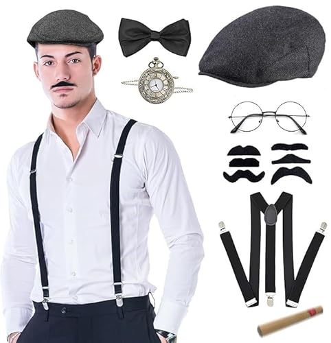 QUXV 20er Jahre Kostüm Herren Accessoires, Mafia Kostüm Herren, Party mit Gangster Panamahut Taschenuhr Hosenträger Fliege Bärte Brille, für Karneval Fasching Halloween