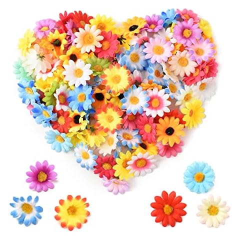 HUIANER 100PCS Artificial Sunflowers Heads, Fake Daisy Rose Flowers Head Silk Bulk Flower for Craft Bridal Hair Clips Dress Party Supply Table Decorative (Mix Colour) Cover