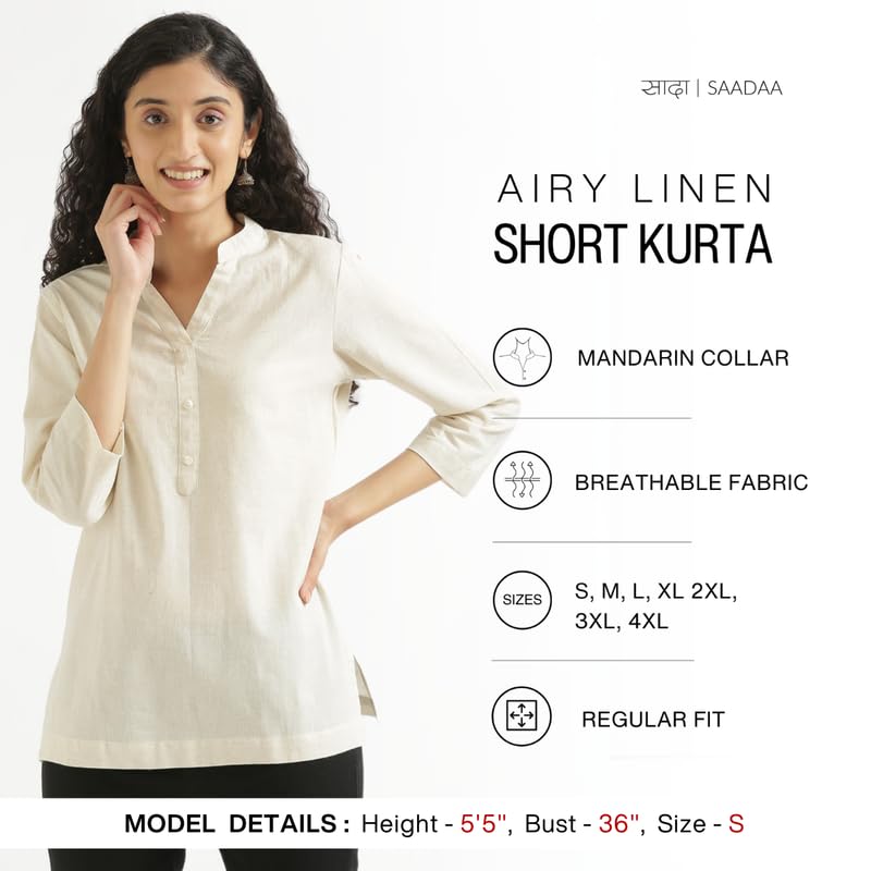 Image of SAADAA Women Short Kurti Airy Linen Regular Fit Kurta with 3 /4th Sleeves, Mandarin Collar, Side Slit Perfect for Casual, Formal, and Ethnic Wear