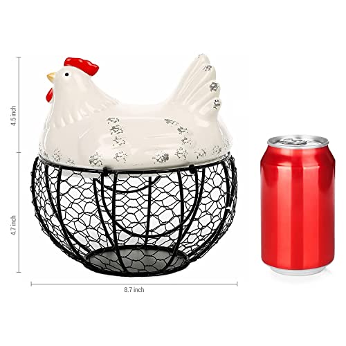 MyGift-Rustic-Farmhouse-Large-Capacity-Fresh-Egg-Gathering-Container-Black-Metal-Mesh-Wire-Storage-Basket-with-Handles-and-White-Ceramic-Chicken-Shaped-Top-Lid-Holds-up-to-30-Eggs MyGift Rustic Farmhouse Large Capacity Fresh Egg Gathering Container Black Metal Mesh Wire Storage Basket with Handles and White Ceramic Chicken Shaped Top Lid Holds up to 30 Eggs