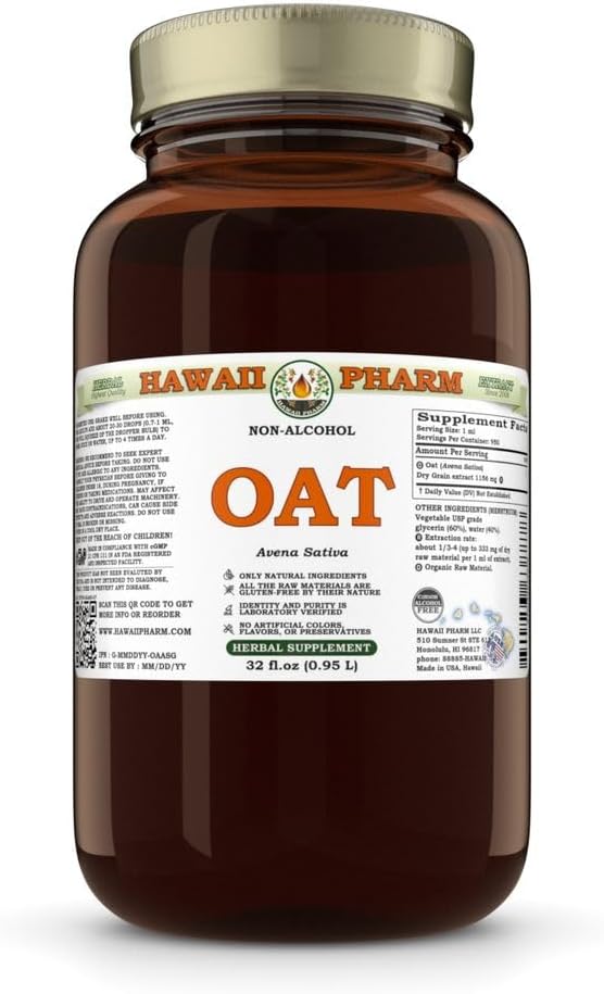 Oat Alcohol-Free Liquid Extract, Oat (Avena Sativa) Dried Grain Glycerite Natural Herbal Supplement, Hawaii Pharm, USA 2x2 fl.oz