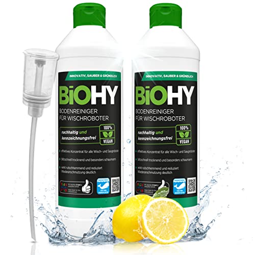 BiOHY Nettoyant de sol pour robot aspirateur laveur (2xBouteille de 500ml) + Distributeur | concentré pour tous les robots d'essuyage et d'aspiration à fonction humide (Wischroboter)