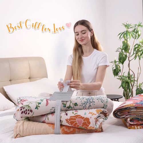 Image of VANJOROY Boho Throw Blanket, 100% Organic Cotton Breathable Ultra Soft 91 inch x 98 inch Bed Quilt Throw - All Season Floral Rustic Farmhouse Decor Luxury Reversible Blanket for Sofa Couch Chair and Gift