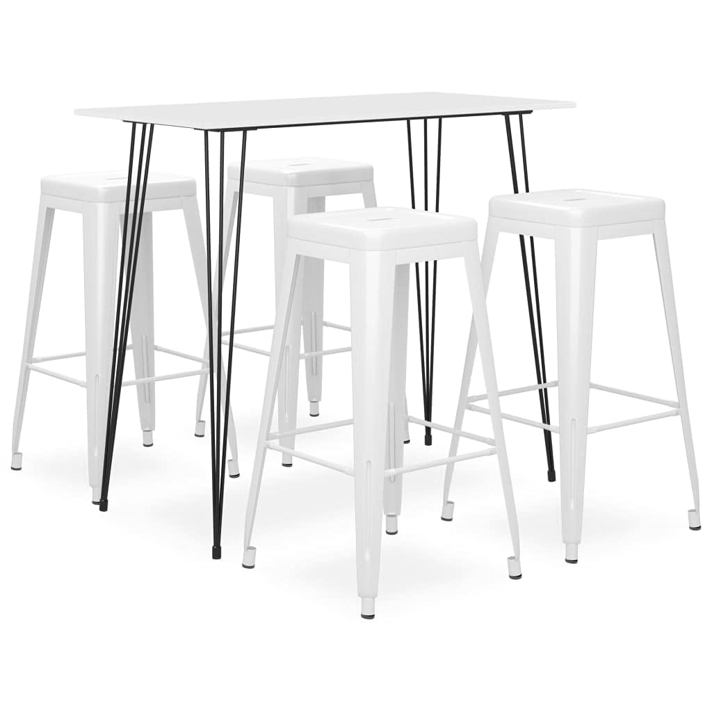 Juego de 5 barras blancas con mesa de comedor y taburetes de metal apilables para cocinas modernas, salón o gastronomía, ahorra espacio, extensible, resistente, fácil de limpiar