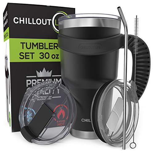 Stainless Steel Travel Mug with Handle 30 oz – 6 Piece Set. Tumbler with Handle, Straw, Cleaning Brush & 2 Lids. Double Wall Insulated Large Coffee Mug Bundle - Black Powder Coated Tumbler