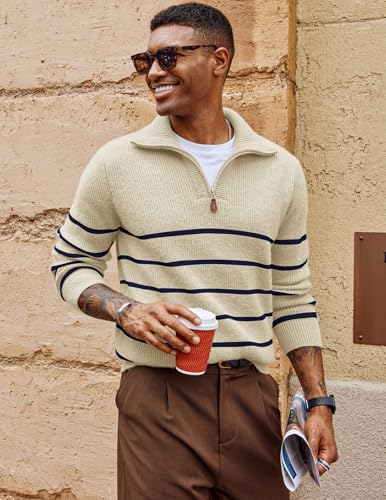 PJ PAUL JONES Mens Quarter Zip Sweater Striped Mock Neck Pullover Sweater Regular Fit Sweater2