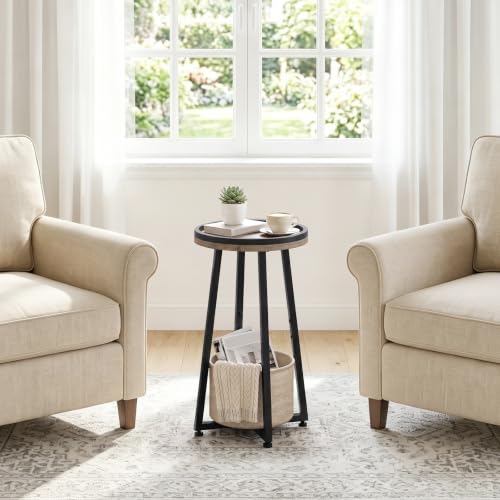 Image of HOOBRO Small Round Side Table, 2-Tier Round Sofa End Table, Compact Nightstand with Cotton Linen Storage Basket, for Small Space, Living Room, Bedroom, Dorm, Greige BG183BZ01