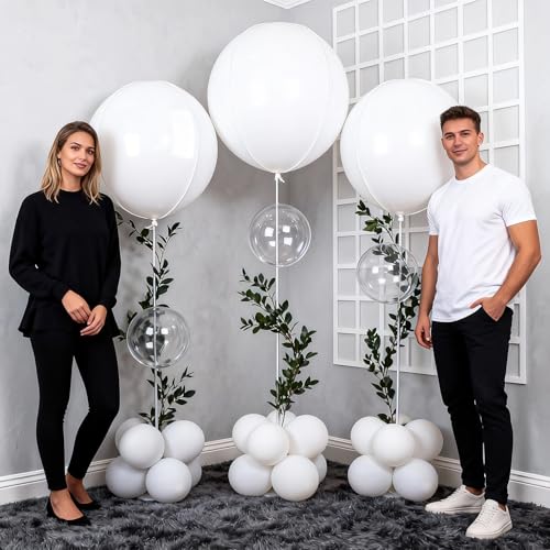 Image of 50 Inch Matte White Round Foil Balloons 3pcs Large Mylar Balloons | Jumbo Giant Helium 4D Ball Balloons for Birthday Party, Graduation, Wedding, Christmas, New Year, Disco Prom Party Decoration