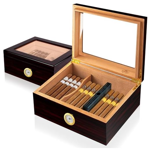 Humidor de Puros Hecho a mano,SLEGE Humidor Cedro,Higrómetro,Humidificador de puros,Clásico Desk Humidor Puros,Tapa Vidrio,Español Manual (30-50 puros)