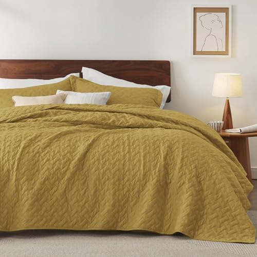 Image of Bedsure Quilts King Size - Lightweight Bedspreads King Size with Basket Weave Pattern, Soft Quilt Bedding Set, Mustard Yellow Comforter Set Coverlet for All Seasons with 2 Pillow Shams (106 inch x 96 inch)